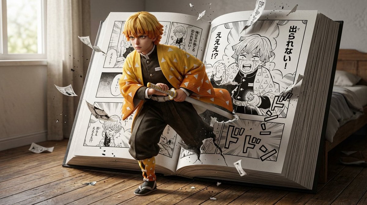 Hyper-realistic crossover image of Zenitsu Agatsuma from Demon Slayer - AI Prompt