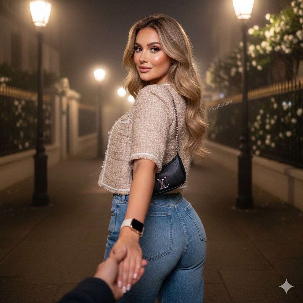 Hyper-realistic Fashion Editorial Portrait: Night Walk - AI Generated Character Style Image Example