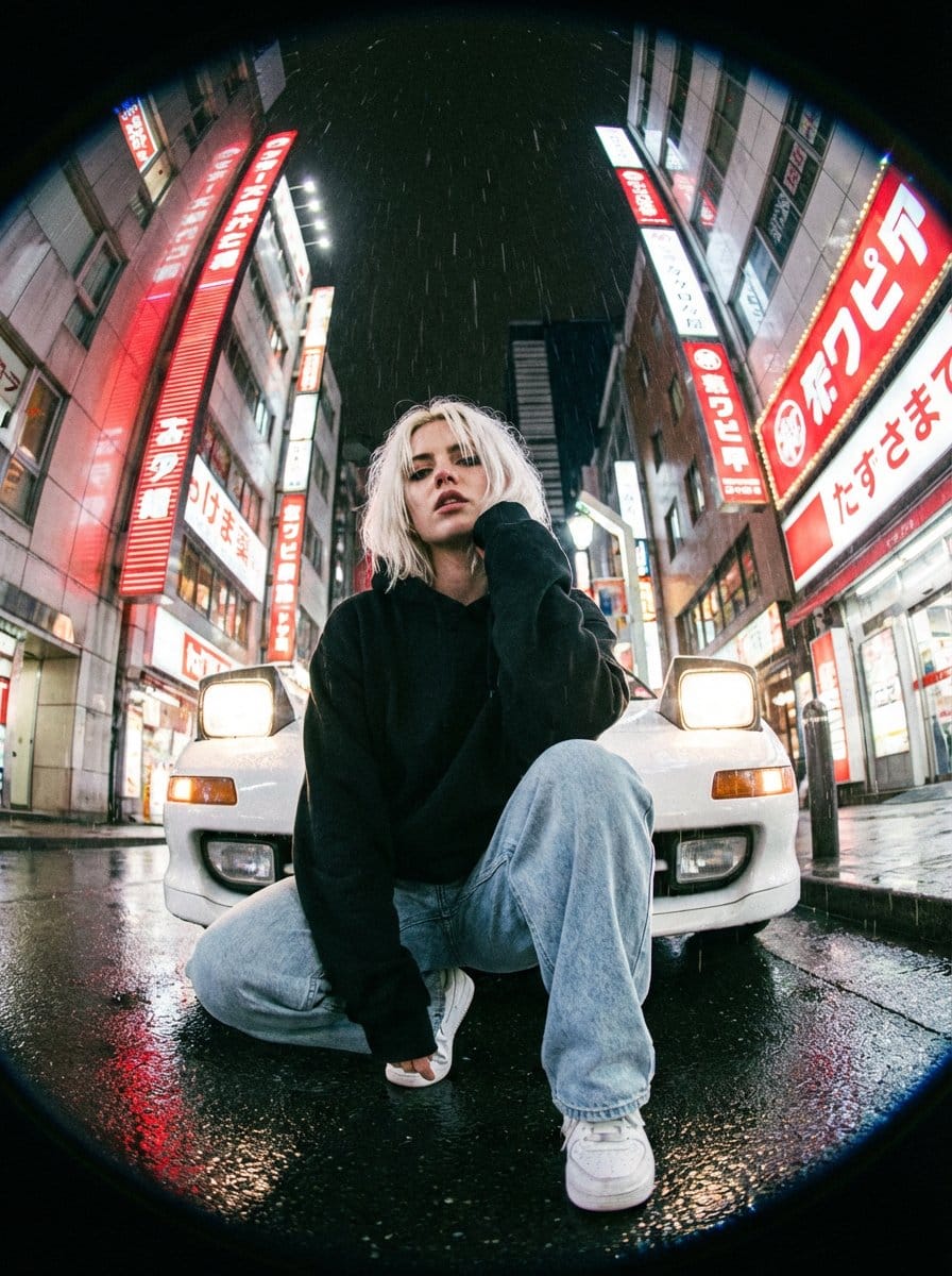 Hyper-Realistic Fisheye Street Portrait in Tokyo Rain - AI 프롬프트