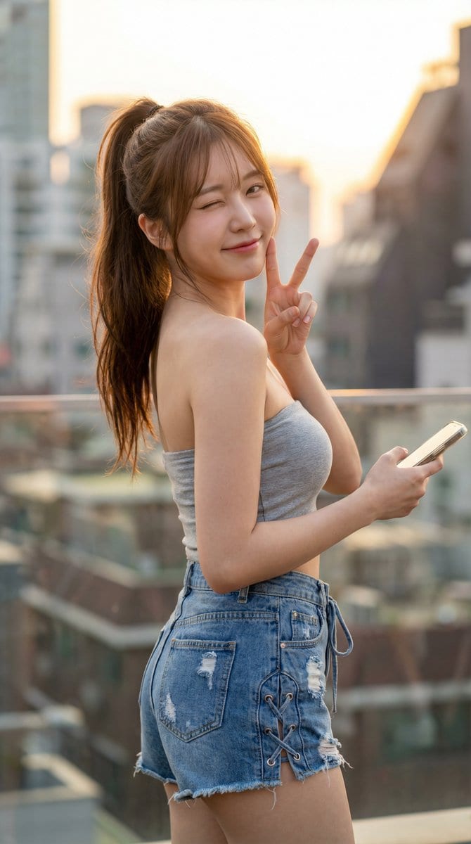 Hyper-realistic Flirty Golden Hour Portrait in Bikini and Denim Shorts - AI 프롬프트