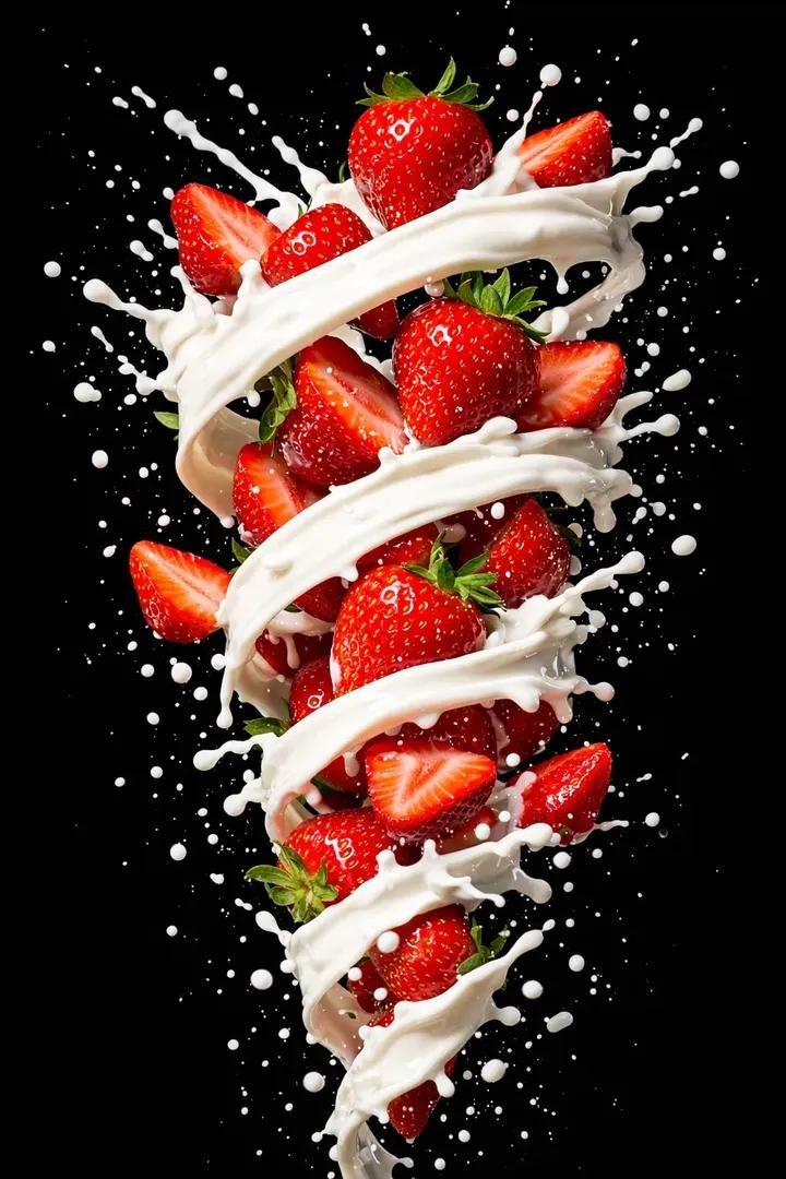 Hyper-realistic High-Speed Strawberry Milk Splash Photography - AI提示词