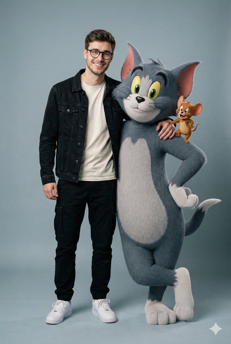 Hyper-realistic image prompt featuring a person with Tom and Jerry in a studio setting - نص توجيهي للذكاء الاصطناعي