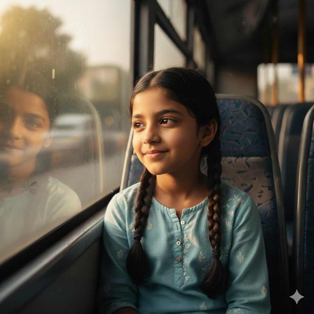Hyper-Realistic Indian Girl on Bus Portrait Prompt - Промпт ИИ