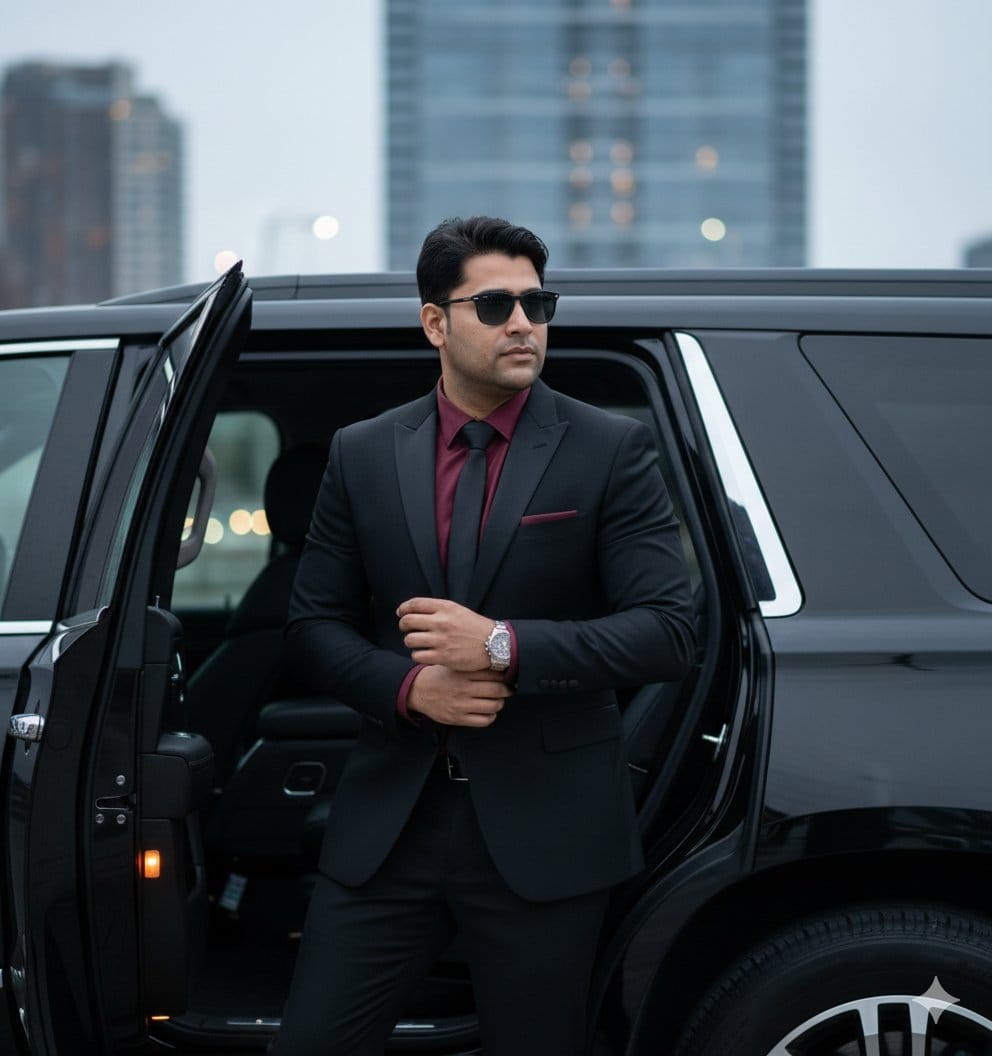 Hyper-Realistic Indian Man Exiting Luxury SUV - AI 프롬프트