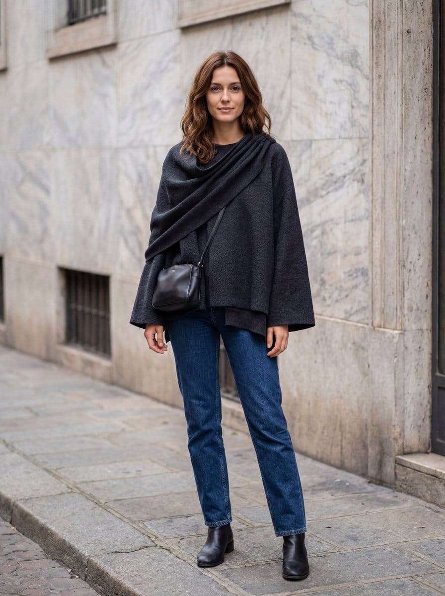 Hyper-Realistic Lifestyle Fashion Photo (Wool Poncho) - AI Generated Realistic Style Image Example