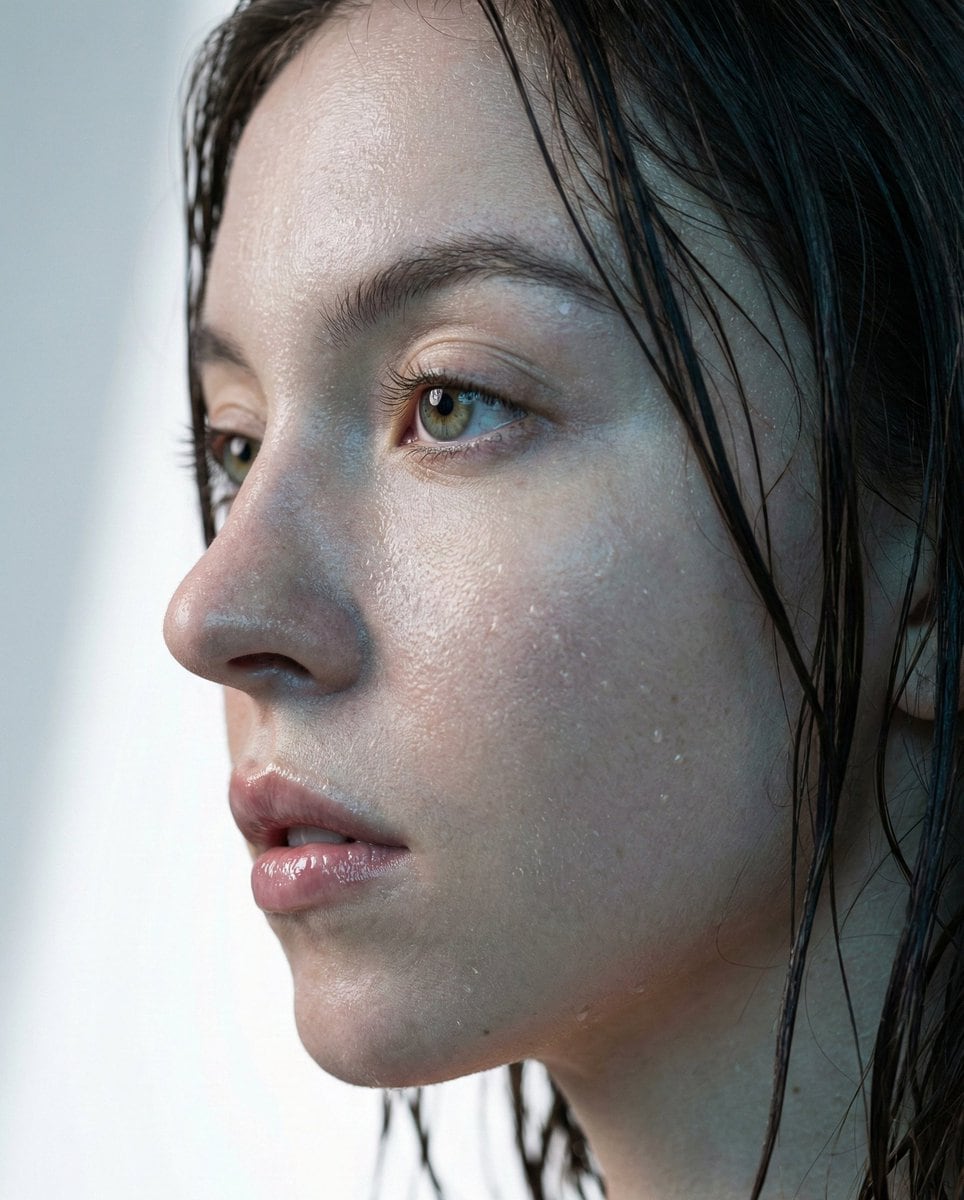 Hyper-Realistic Macro Portrait of Sydney Sweeney (Wet Look) - AI 프롬프트