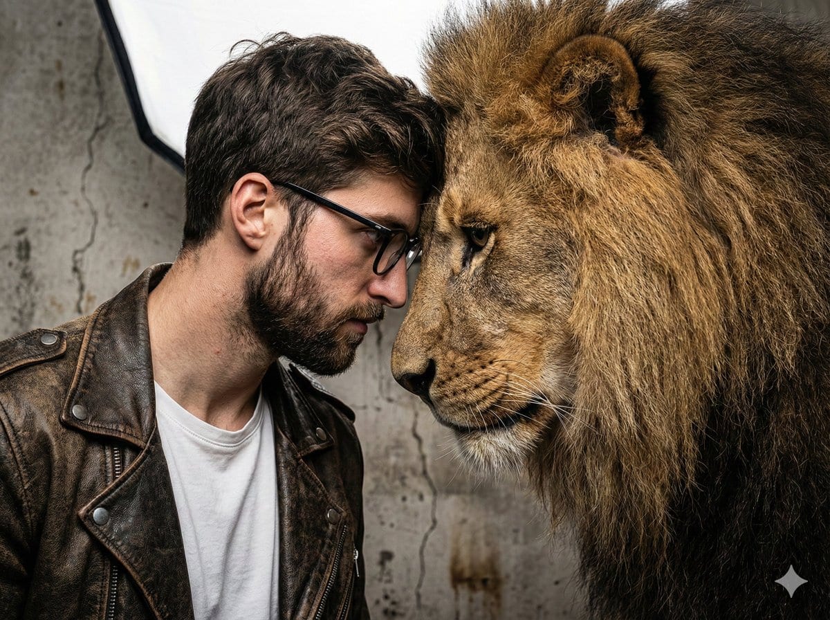 Hyper-Realistic Man and Lion Portrait (Face Preservation) - AI提示词