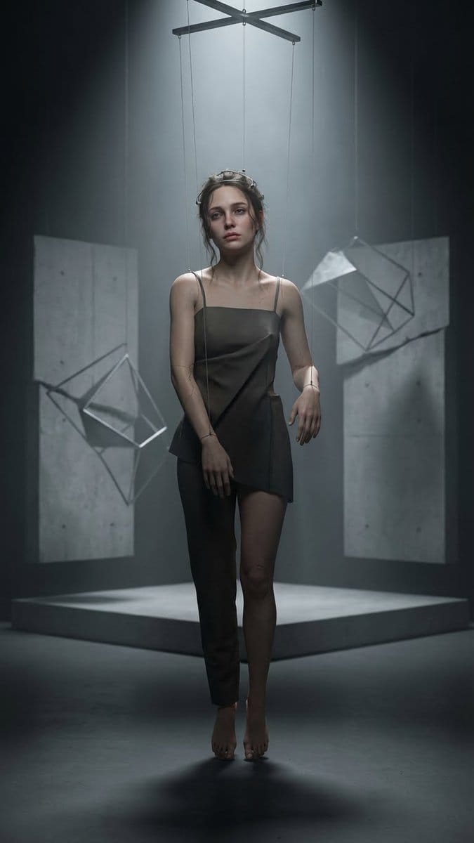 Hyper-Realistic Marionette in Post-Modern Gallery - Prompt IA