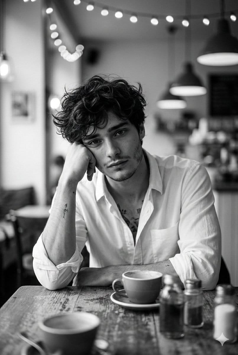 Hyper-Realistic Monochrome Cinematic Café Portrait - AI Generated Character Style Image Example