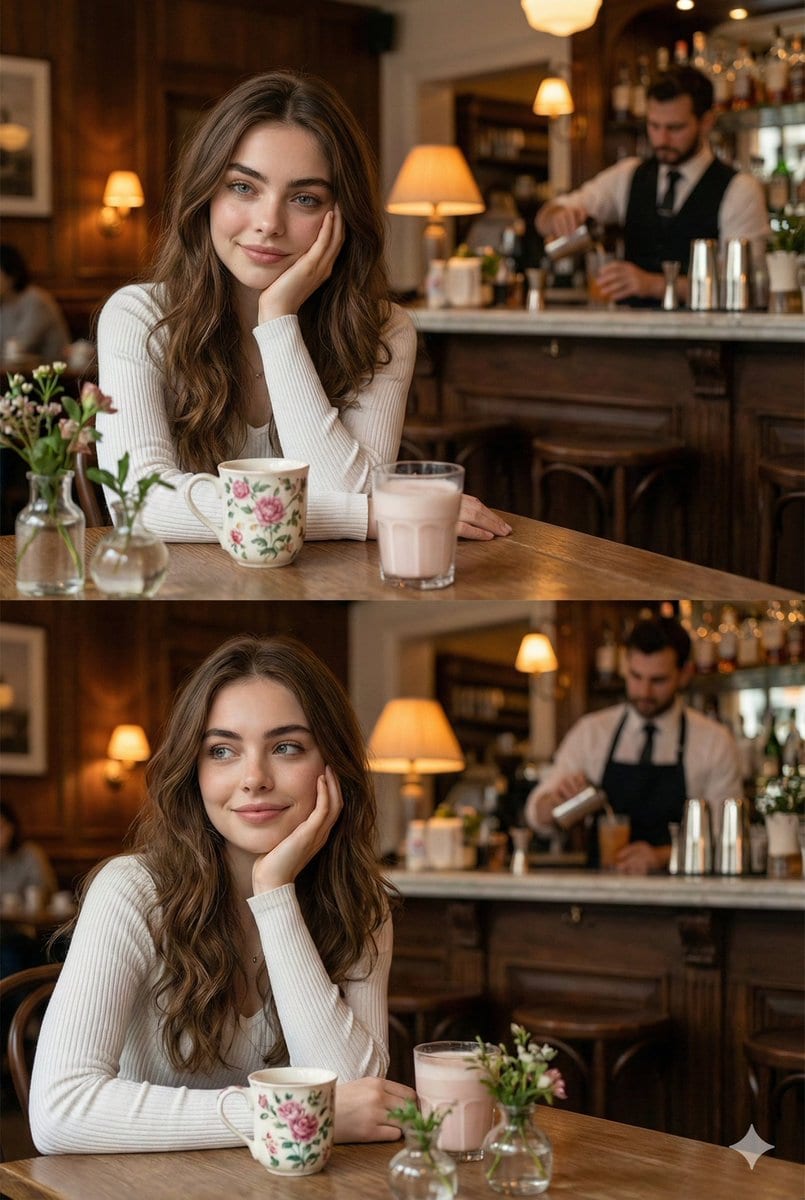 Hyper-realistic photo of a young woman in a cozy café - Промпт ИИ