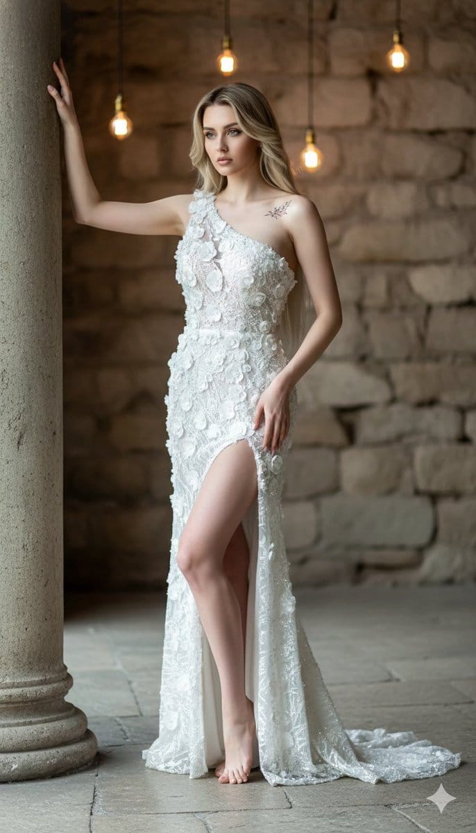 Hyper-realistic Portrait of a Woman in a White Gown - AI 프롬프트