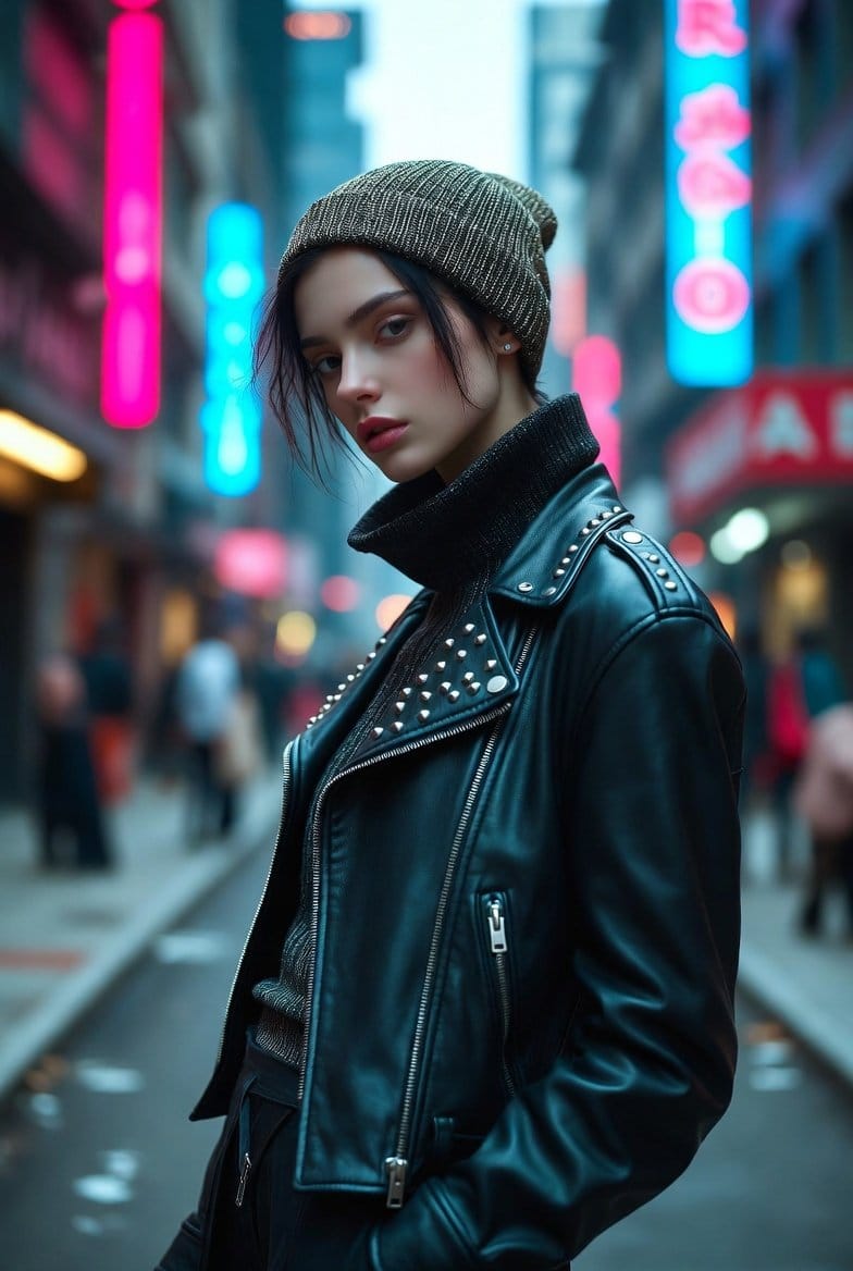 Hyper-realistic portrait of a young woman in street style at night - AIプロンプト