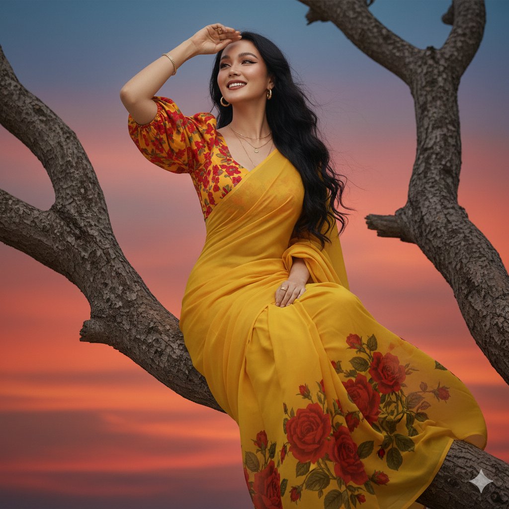 Preview image for Hyper-Realistic Portrait of Woman in Saree on Tree Branch prompt