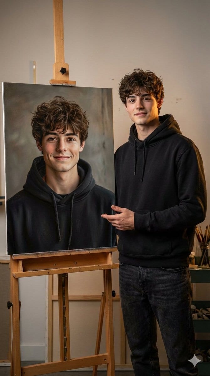 Hyper-realistic portrait with a painting of the subject - AI 프롬프트