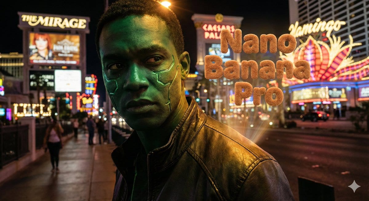 Hyper-realistic portrait with vibrant green skin on the Las Vegas Strip - Промпт ИИ