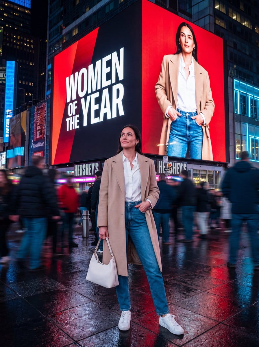 Hyper-Realistic Street Photography Portrait in Times Square - Prompt de IA