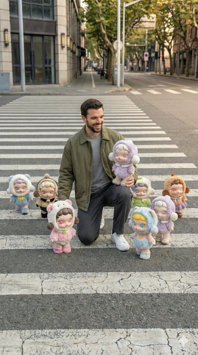 Hyper-Realistic Street Photography with Popmart Figures - AI Generated Realistic Style Image