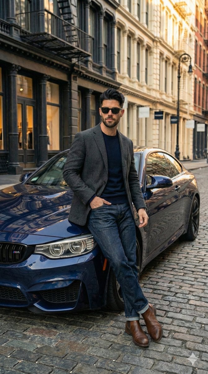 Hyper-Realistic Street View of Man Leaning on BMW - Prompt de IA