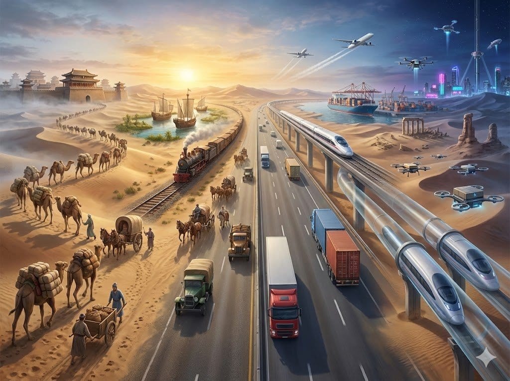 Hyper-realistic Transportation Evolution Panoramic Landscape Prompt - AI Prompt