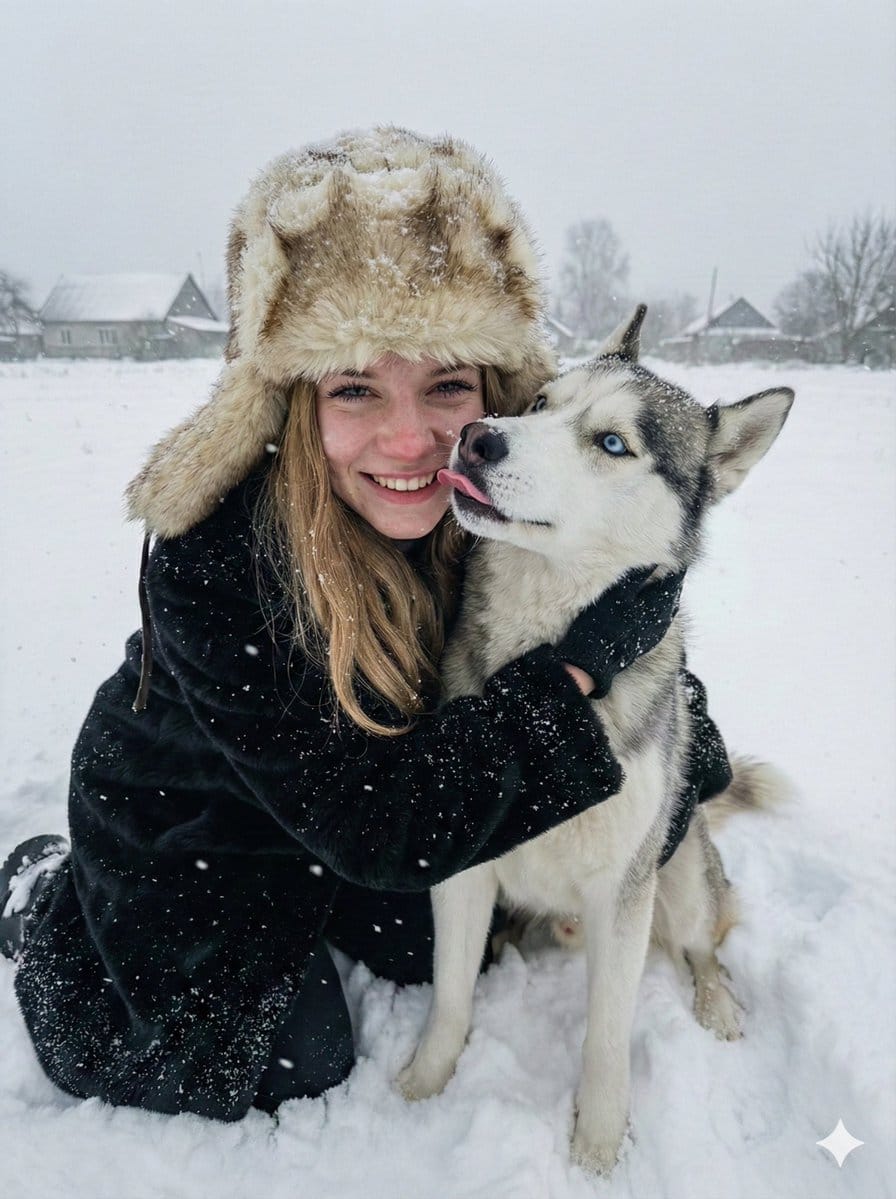 Hyper-realistic Winter Portrait with Siberian Husky - KI-Prompt