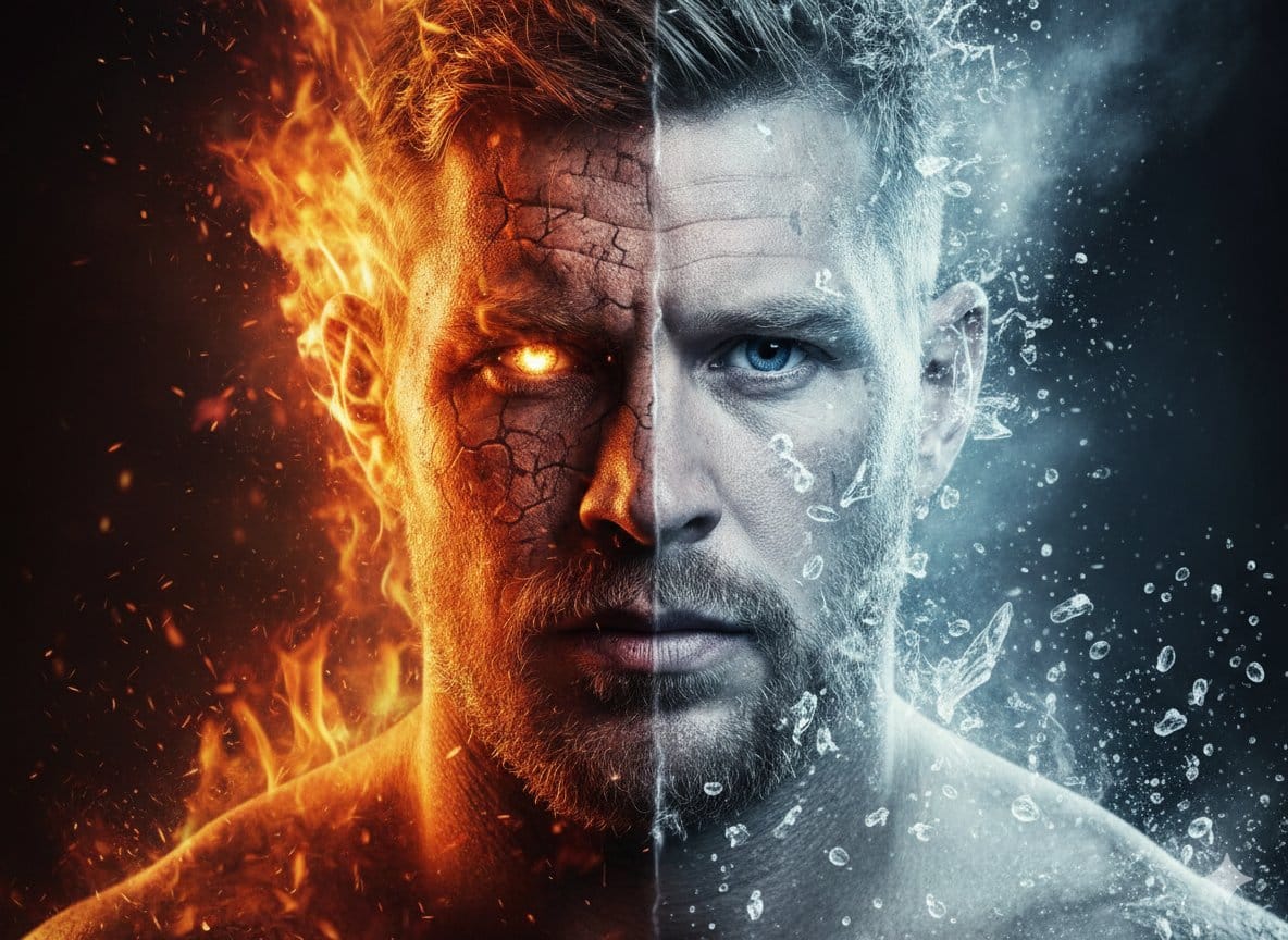 Hyperrealistic Portrait Split by Fire and Ice - AI Art AI Generated Artwork