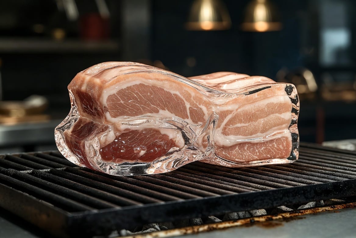 Hyperrealistic glass pork belly on a grill - AI Generated Realistic Style Image Example