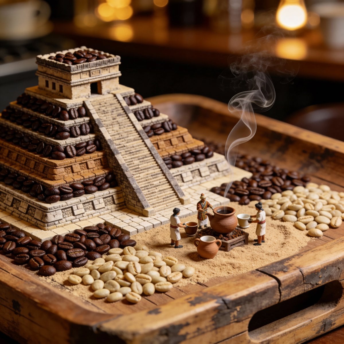 Hyperrealistic Mayan Pyramid Coffee Bean Miniature Prompt - Промпт ИИ
