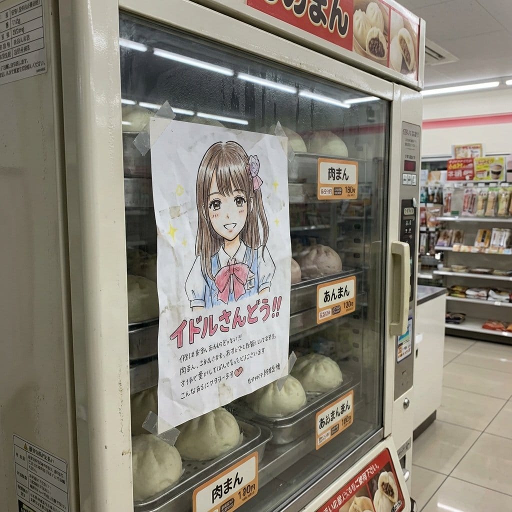 Idol flyer stuck on a steamed bun vending machine - Prompt IA