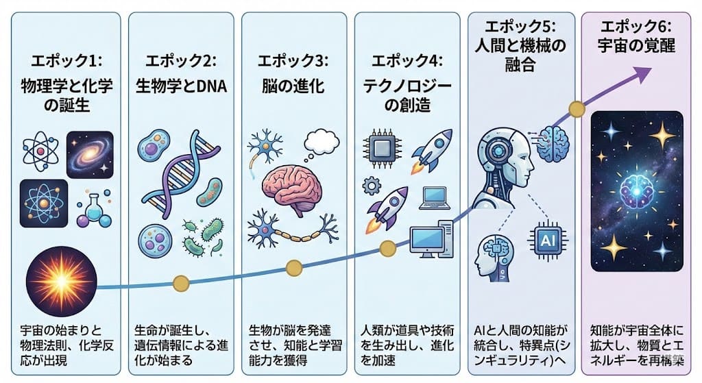 Illustration explaining Kurzweil’s six epochs in Japanese - AI Generated AI Art Style Image Example