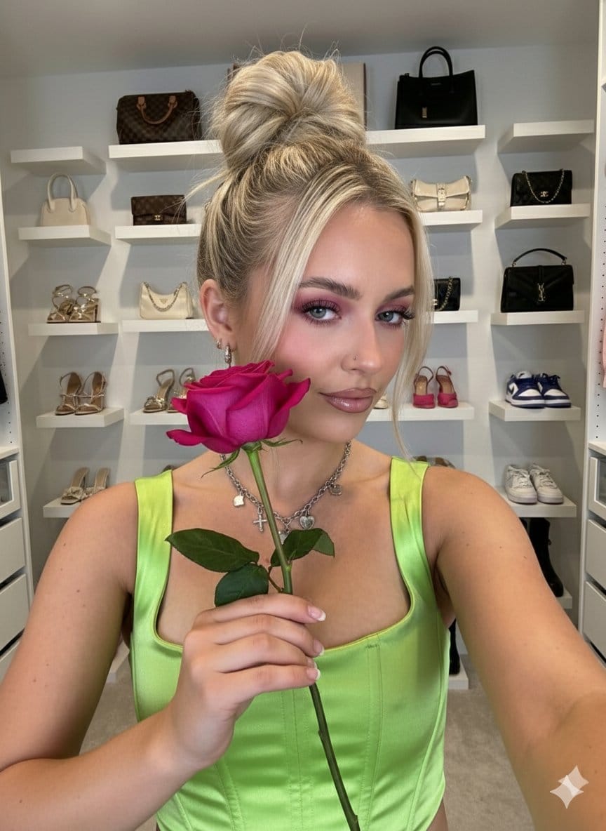 Influencer-Style Selfie Portrait with Rose and Detailed Environment - AI 프롬프트