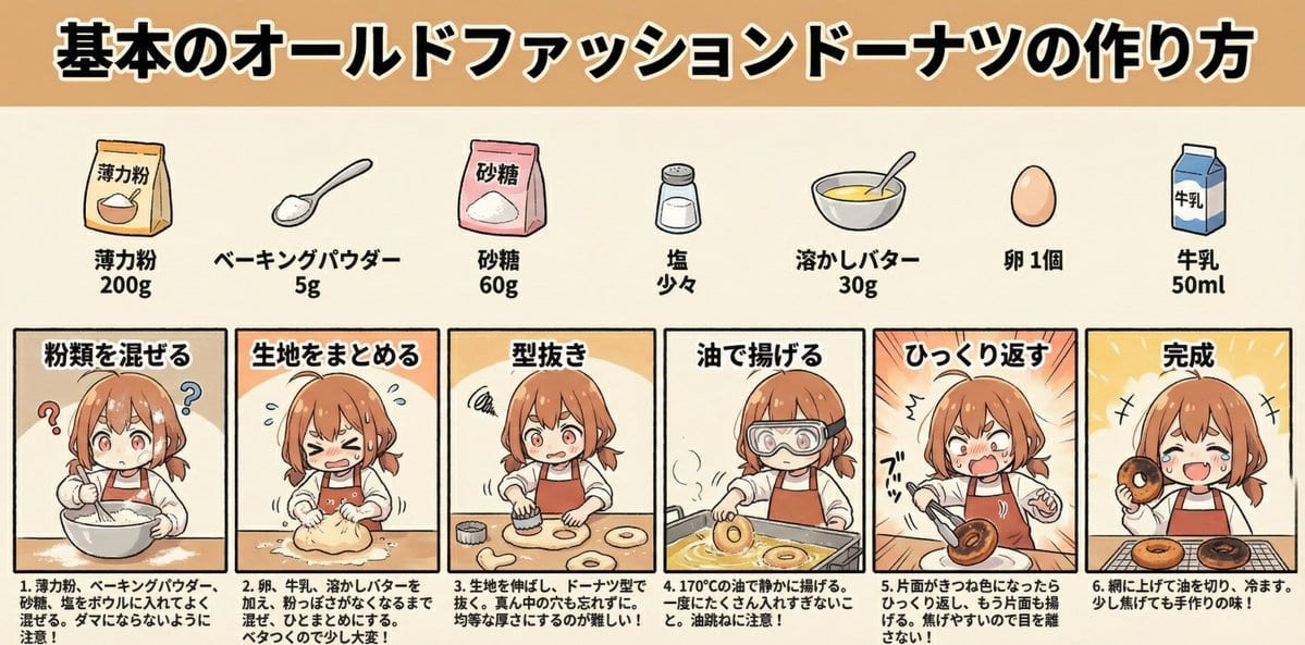 Infographic Generation for Old-Fashioned Donuts with Character Skill Variation - Prompt IA