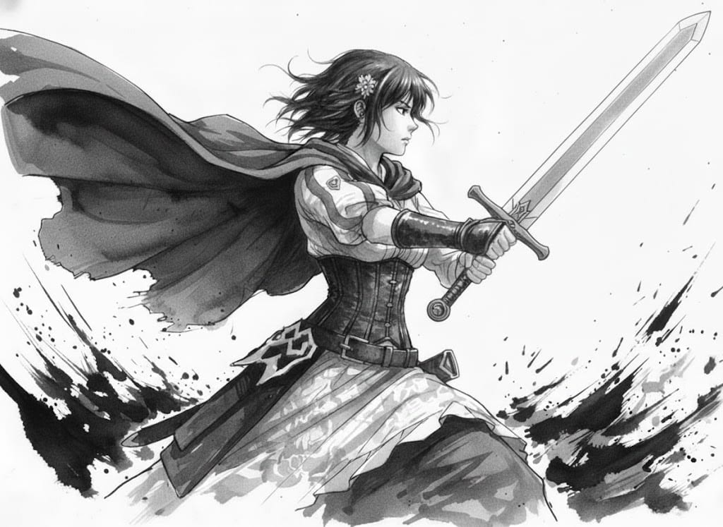 Ink painting style Abé-chan with a sword - Prompt IA