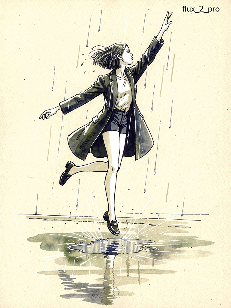 Preview image for Ink pen style illustration of a woman jumping in the rain prompt