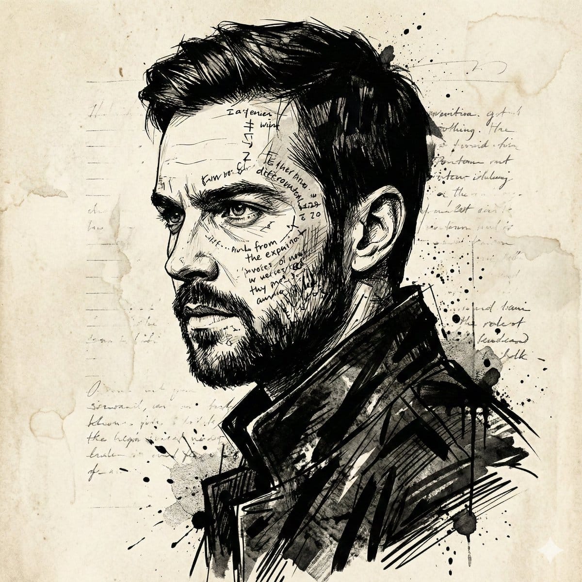 Intense Ink Sketch Portrait with Face Likeness - AI Generated Character Style Image Example