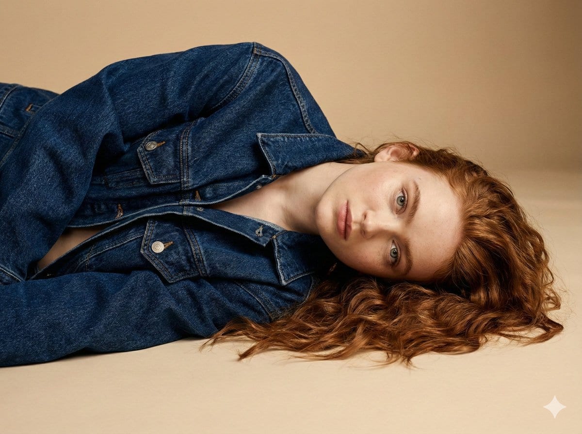 Intimate Denim Editorial Studio Portrait - AI Generated Character Style Image Example