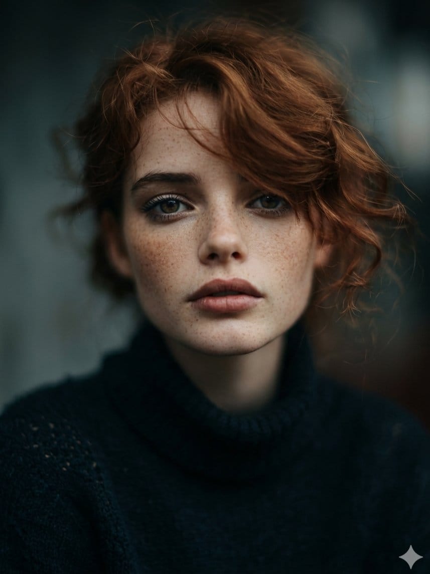Intimate Cinematic Auburn Portrait with Freckles - Prompt IA