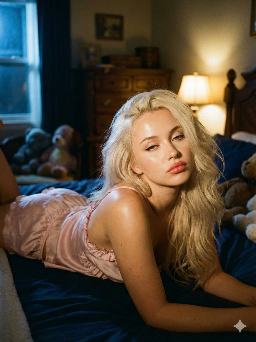 Intimate Low-Light Bedroom Portrait with Vintage Film Aesthetic - AI Generated Character Style Image