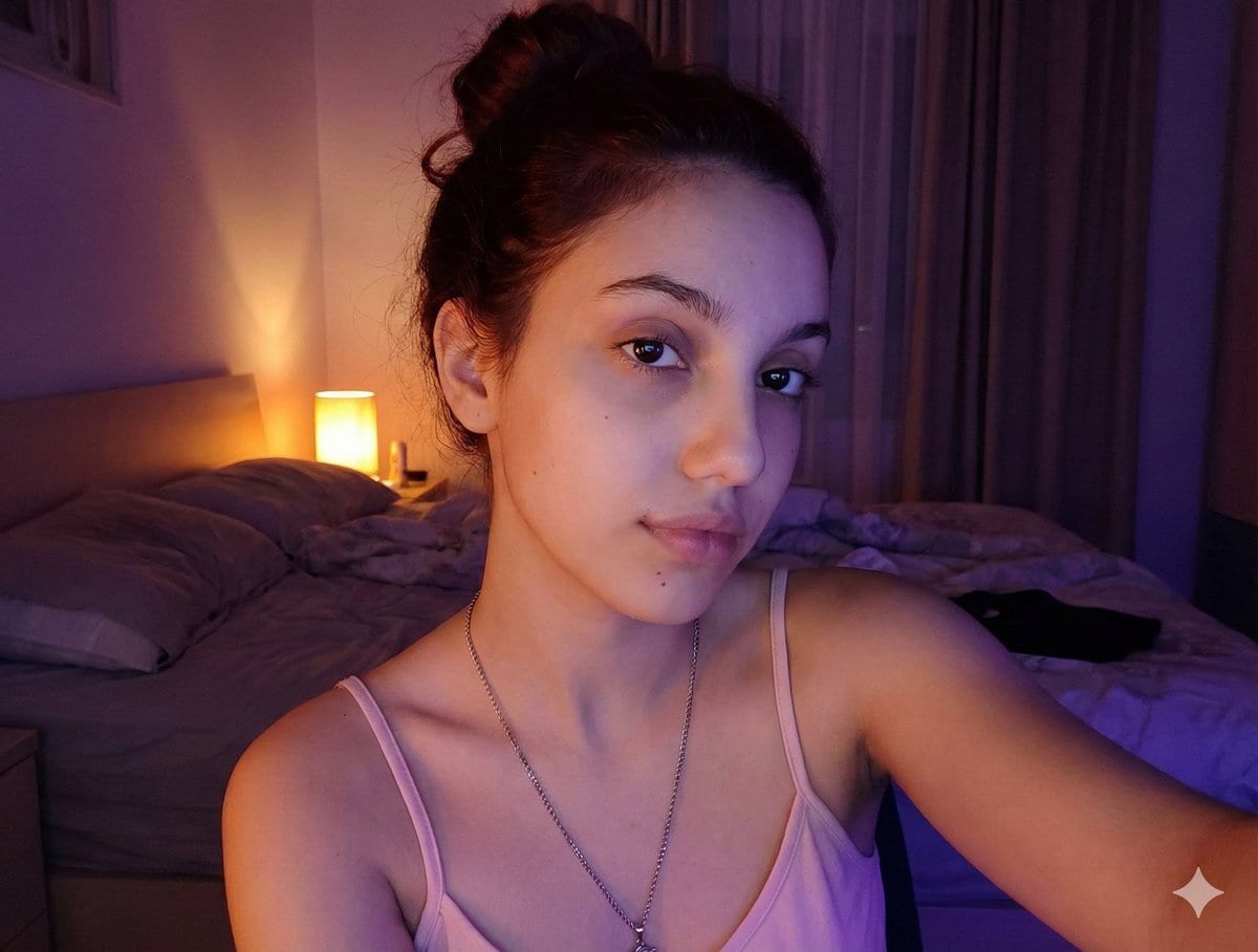 Intimate Low-Light Bedroom Selfie (Chiaroscuro) - AI 프롬프트