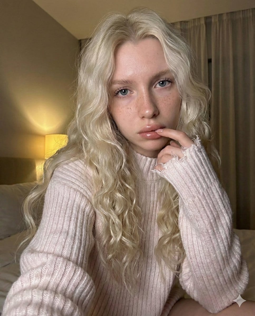 Intimate Low-Light Bedroom Selfie Portrait - AI Generated Character Style Image Example