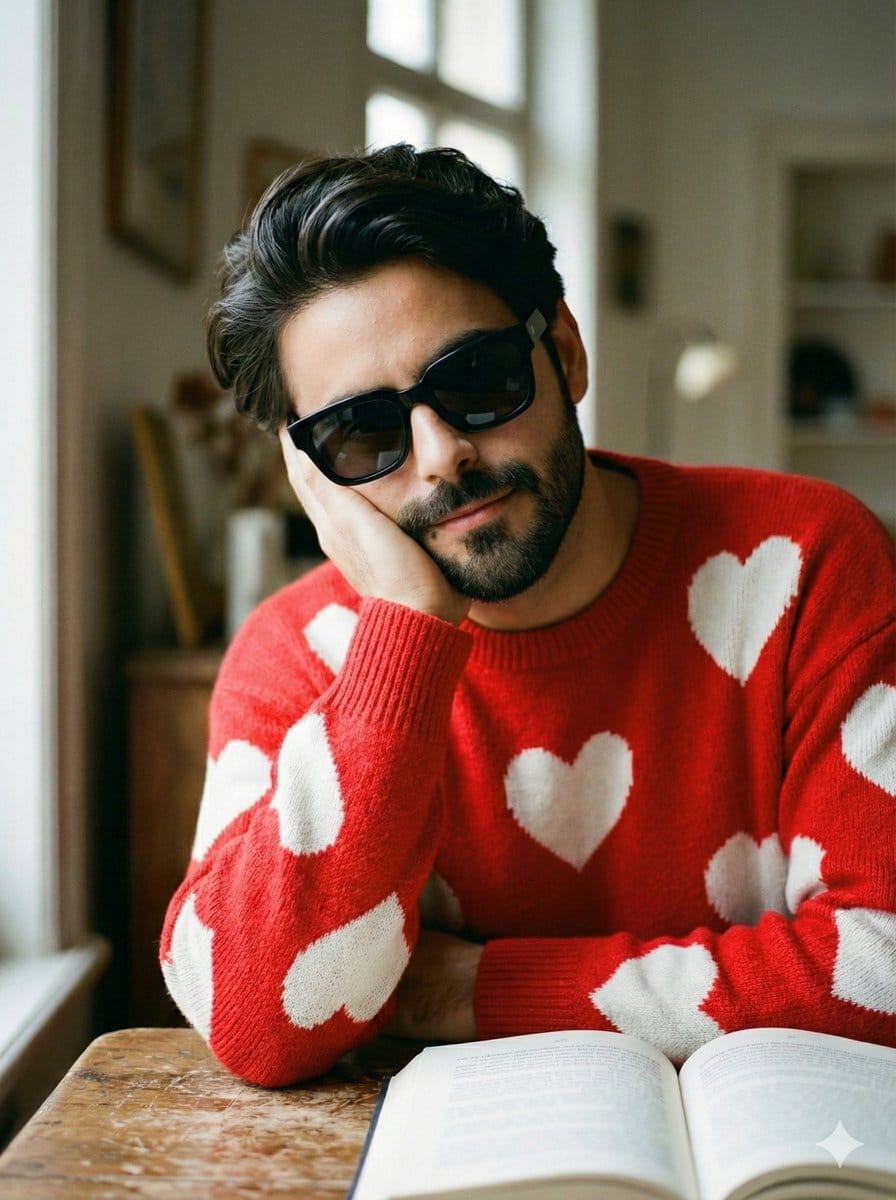 Intimate Portrait of Man Reading in Red Heart Sweater - Prompt de IA