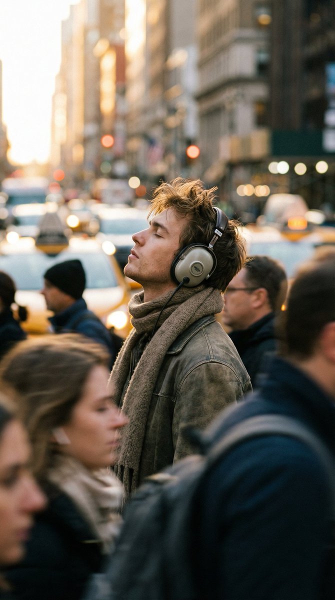 Introspective Man in Motion-Blurred City Crowd - AI Art AI Generated Artwork