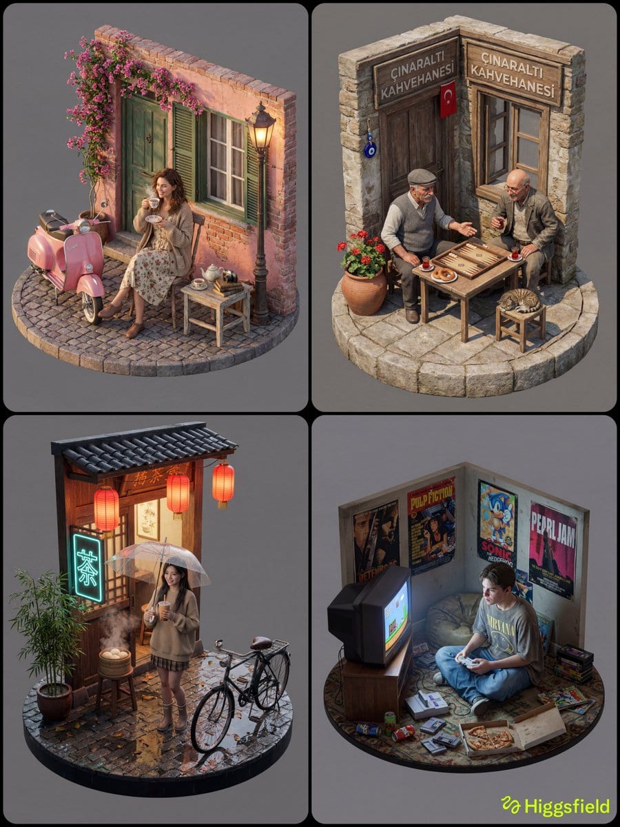 Isometric 3D Diorama with Living Human Texture - نص توجيهي للذكاء الاصطناعي