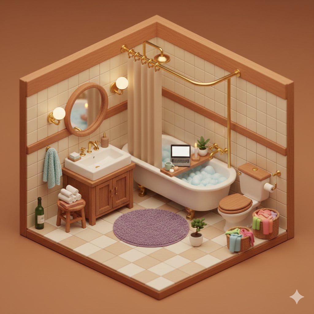 Isometric Cozy Bathroom Diorama Prompt - نص توجيهي للذكاء الاصطناعي