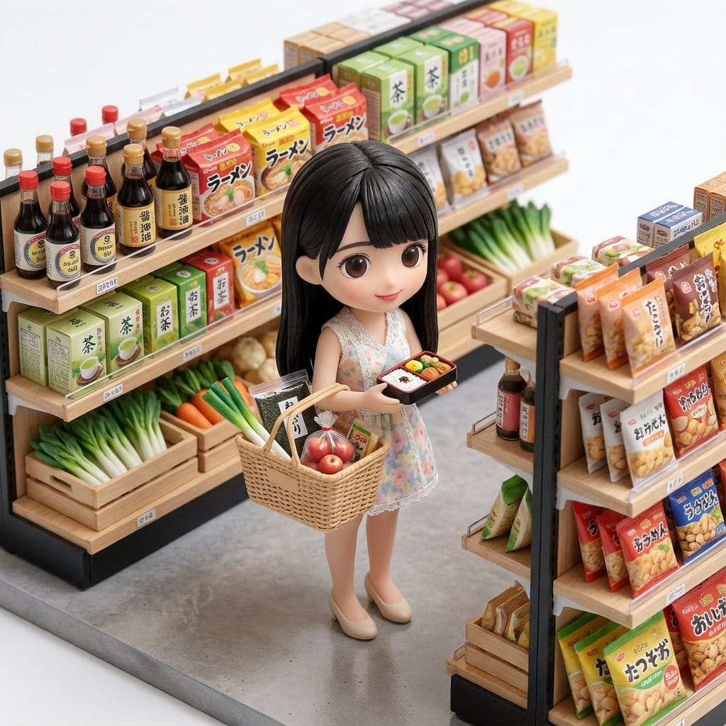 Isometric Miniature Figurine of a Character in a Japanese Flower Shop - Prompt IA