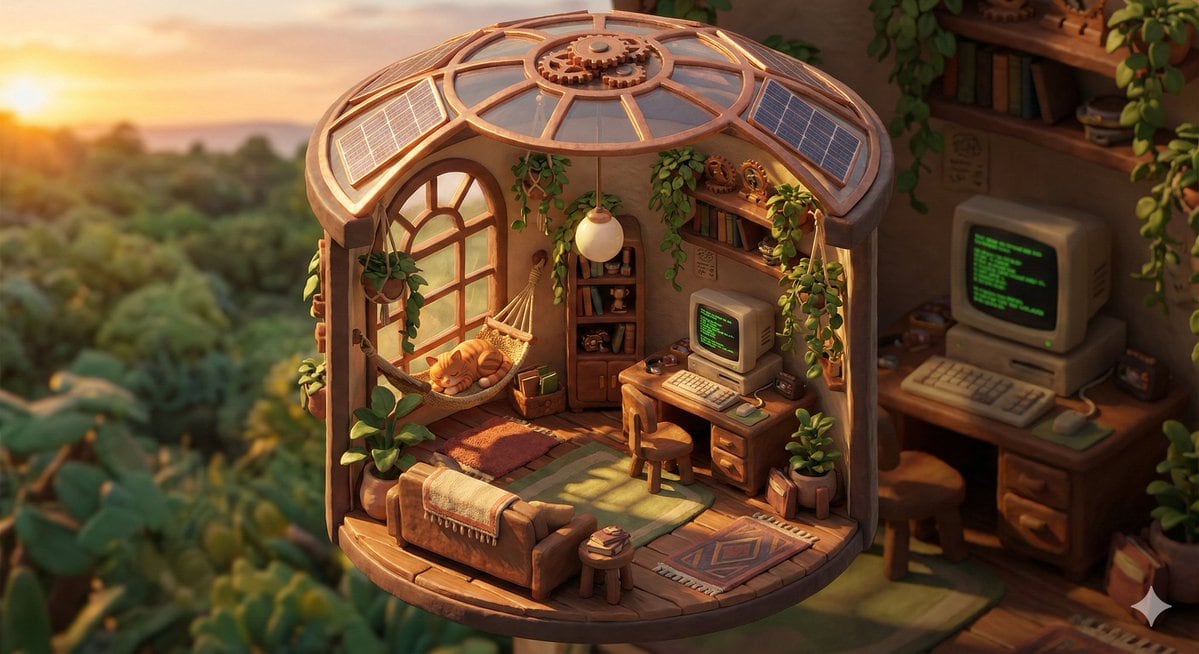 Isometric Solarpunk Cozy Room Diorama Prompt - نص توجيهي للذكاء الاصطناعي