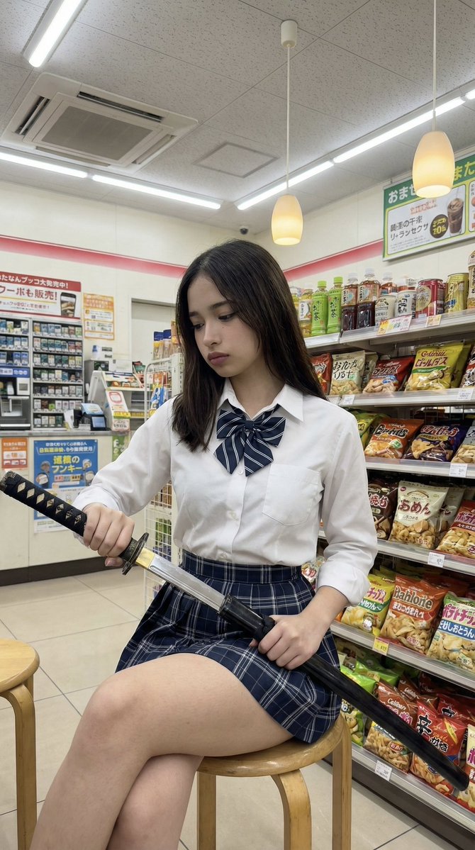 Japanese Konbini Portrait with Katana