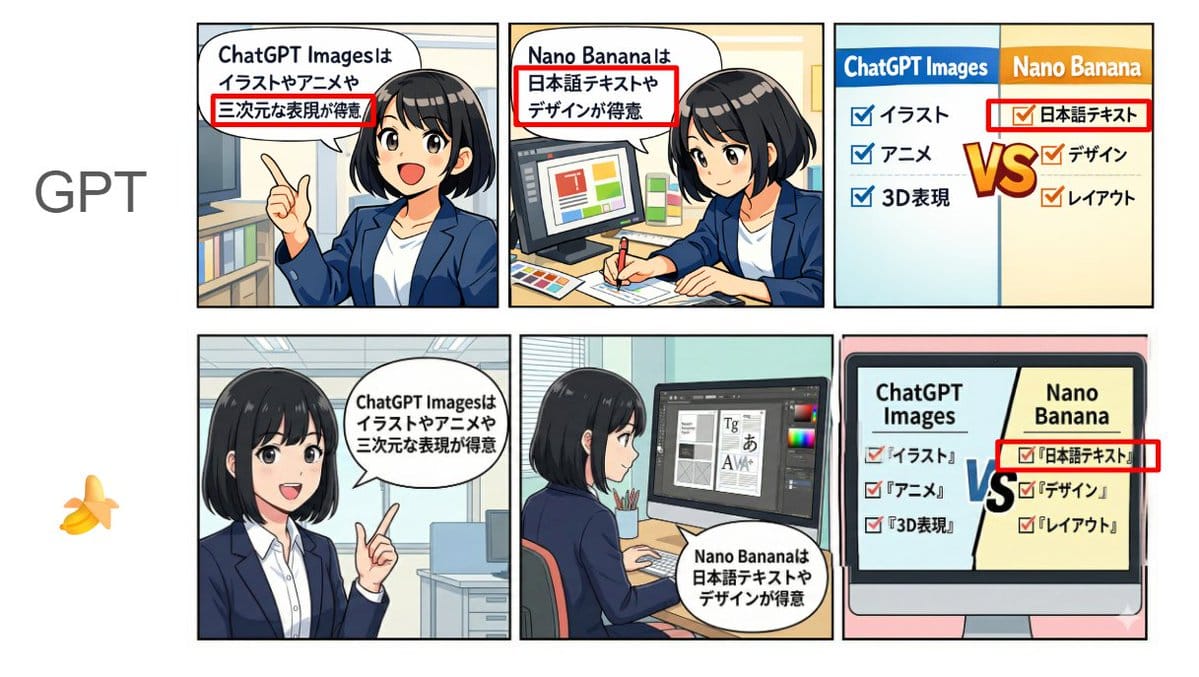 Japanese Text and Layout Comparison Prompt (3-Panel Manga) - Prompt IA