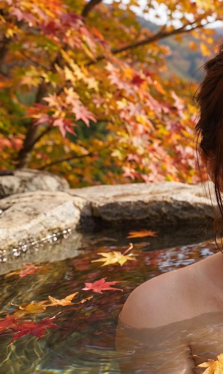 Preview image for Japanese Woman in Onsen with Autumn Maple View prompt