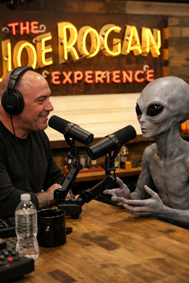 Joe Rogan podcast with a gray alien - AI Generated Realistic Style Image Example