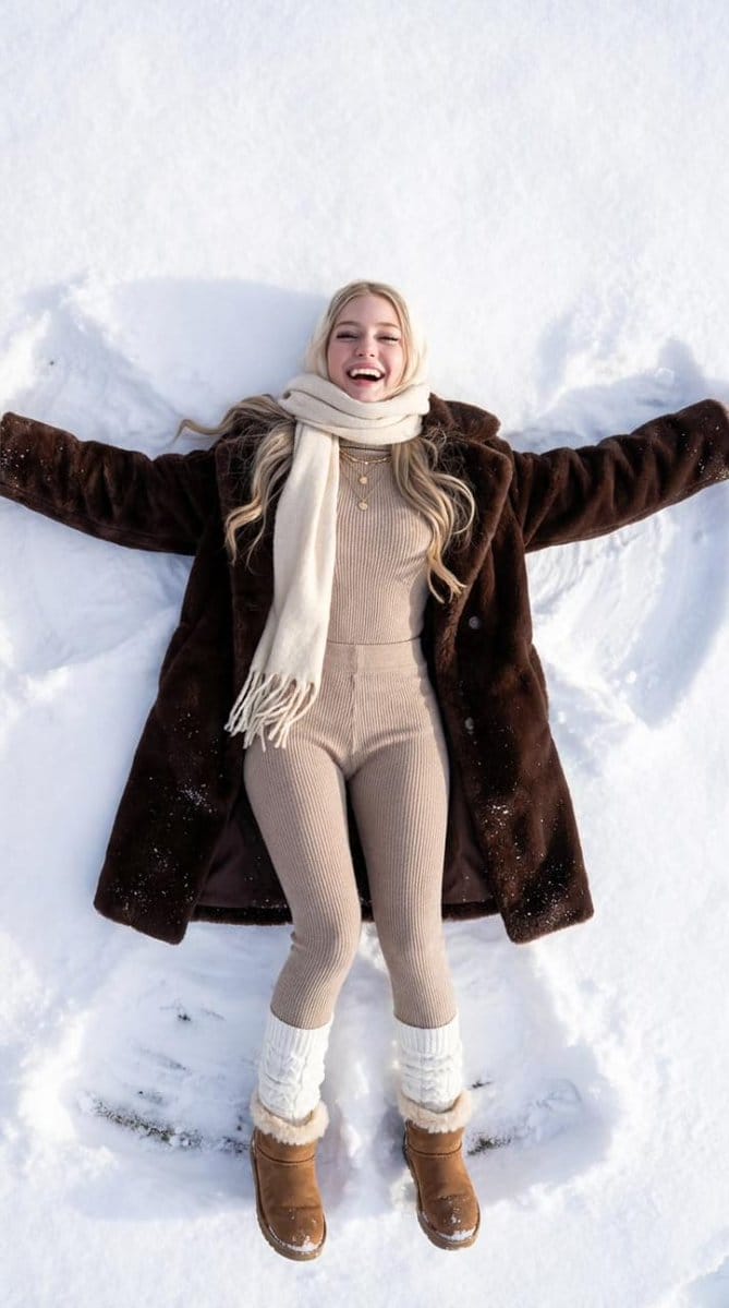 Joyful Snow Angel in 'Old Money' Winter Fashion - AI Generated AI Art Style Image Example